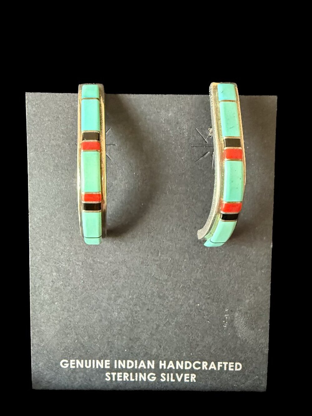 Turquoise & coral channel inlay earrings signed by artist